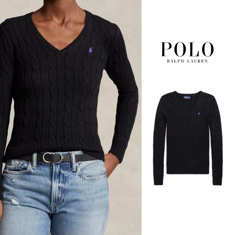 ラルフ ローレン] セーター Vネック ケーブルニット ブラック (POLO