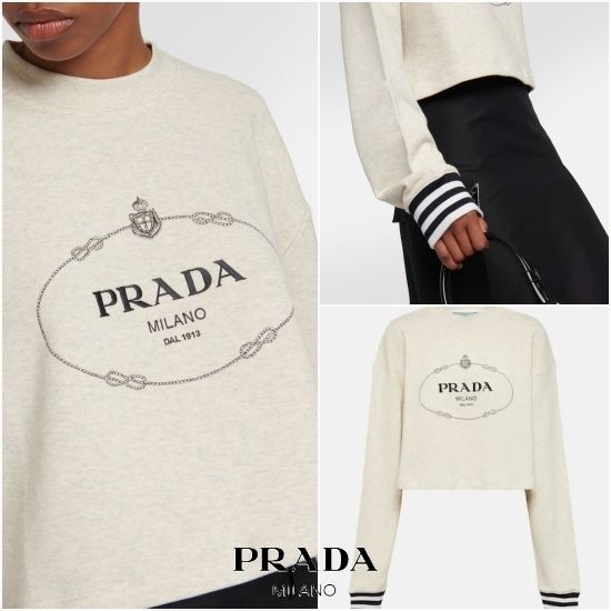 PRADA*ロゴ刺繍入りコットンクロップドスウェットシャツ (PRADA