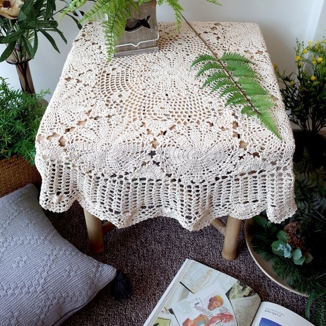 韓国雑貨】テーブルクロス レース編み 円型 ナチュラル (テーブル