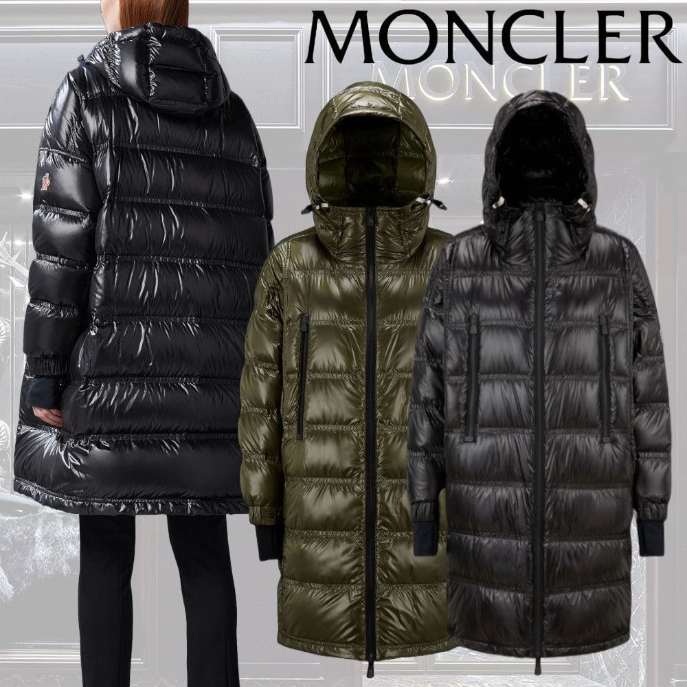 MONCLER】Rochelairロングダウンジャケット ロゴ ナイロン (MONCLER