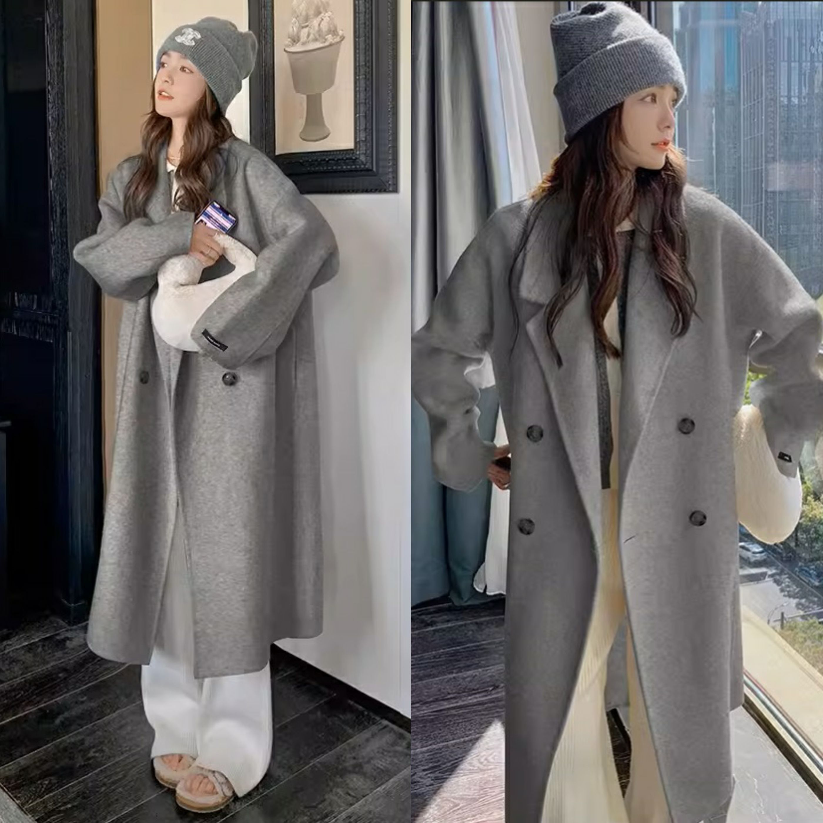 両面ウール100％ミディ丈ダブルボタンコート【S～L】グレー