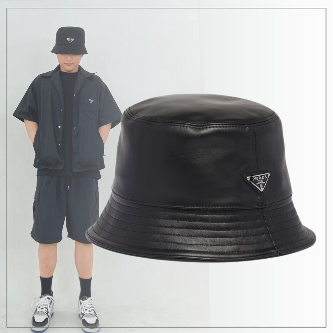 お洒落度UP】PRADA◇ナッパレザー バケットハット ロゴ付 話題 (PRADA