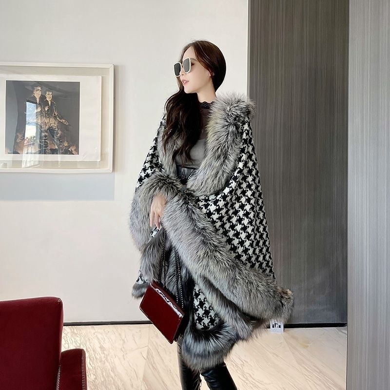 ケープコート マントコート 千鳥格子 フェイクファー エレガント