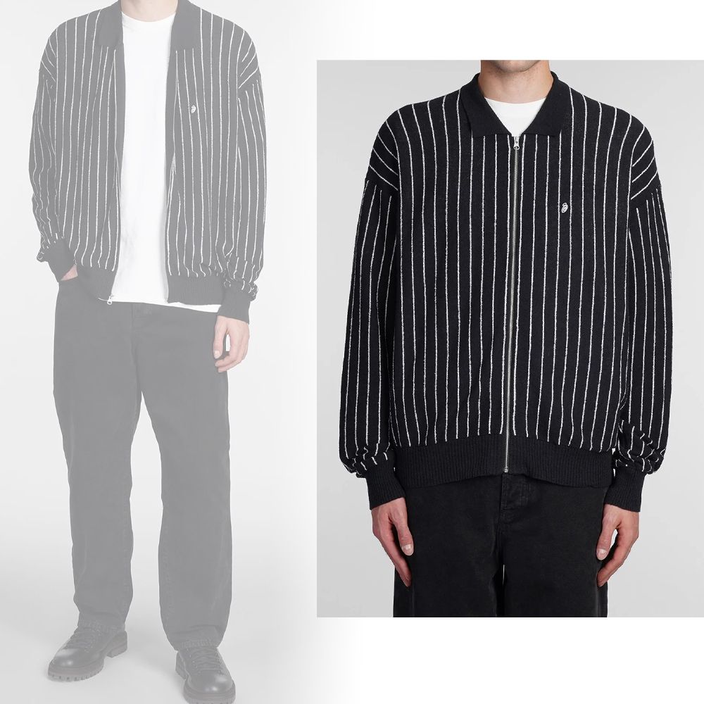 STUSSY】ストライプ ニット ジップ ポロ Black 送料関税込 (STUSSY