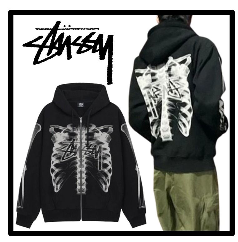 ☆関税込☆Stussy☆Rib Cage Zip Hoodie Black White☆ (STUSSY