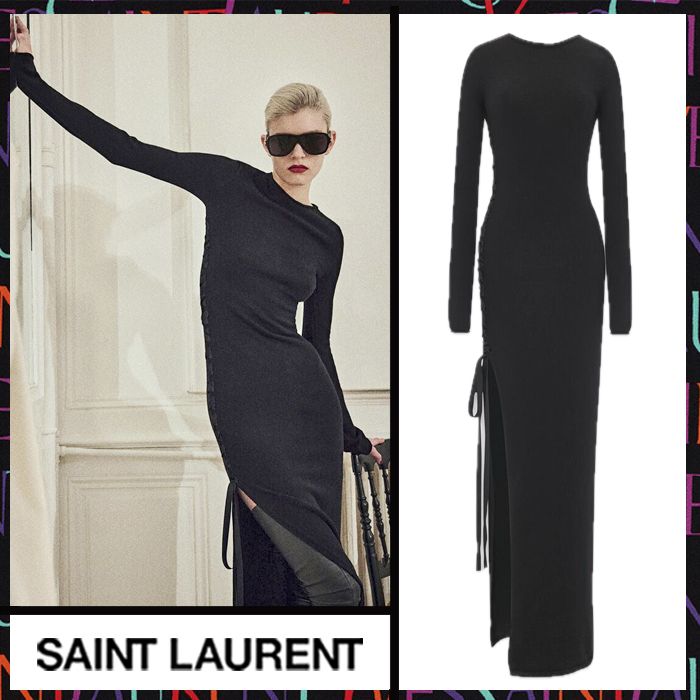 Saint Laurent《ロングレースアップドレス》ウール BLACK 直営店