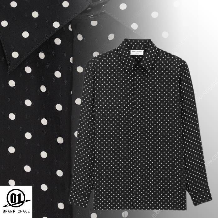 サンローラン ドット マット シルク 長袖シャツ ブラック (Saint