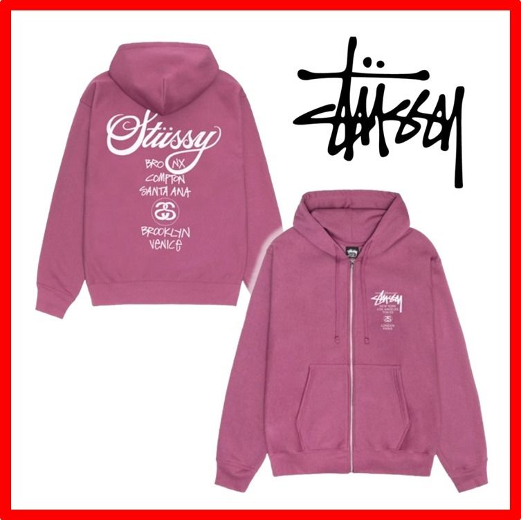 ☆韓国の人気☆【Stussy】☆World Tour Zip Hoodie Berry 2024