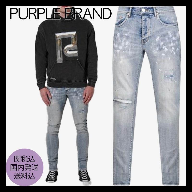 PURPLE BRAND】P001 ペイント ブローアウト スリム ジーンズ (PURPLE