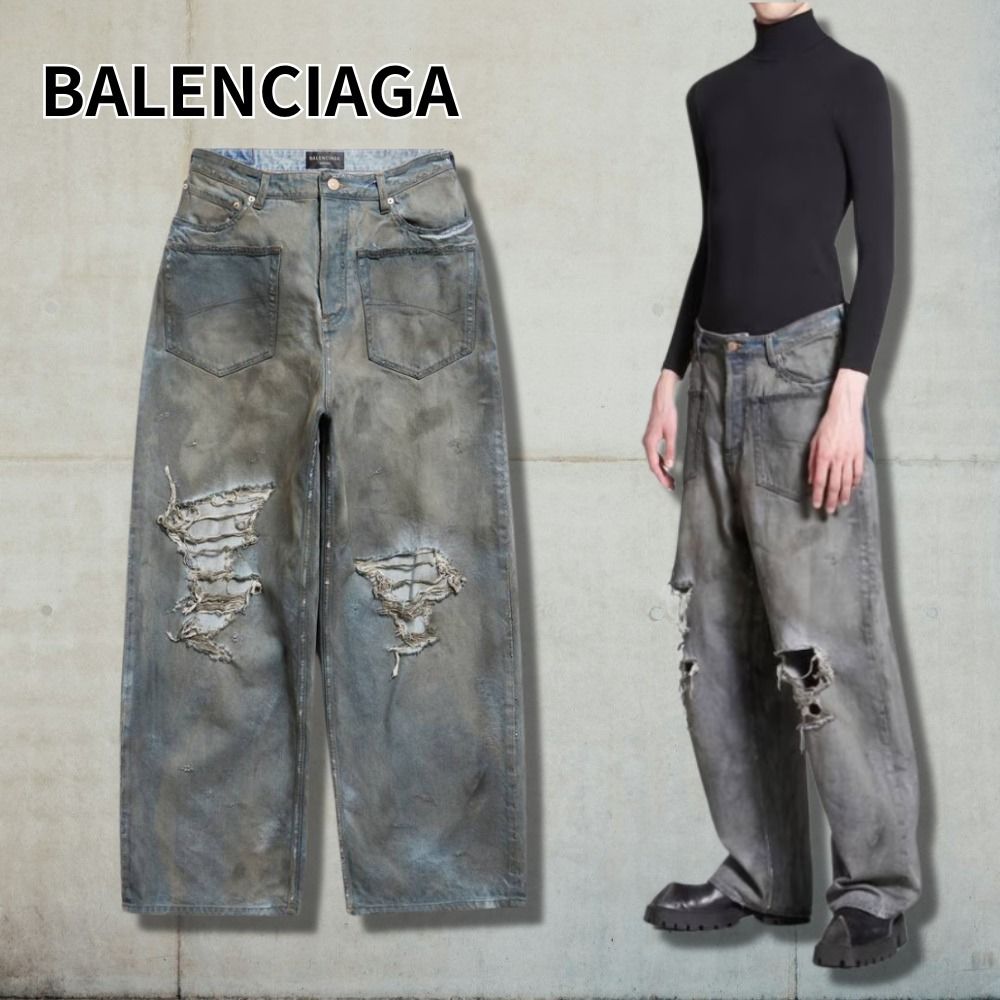 直営店【BALENCIAGA】ブルーのパッチポケット付きバギージーンズ