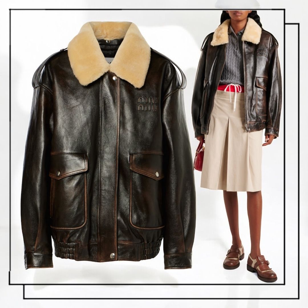 国内発】MIU MIU ロゴ シアリングトリム レザージャケット (MiuMiu