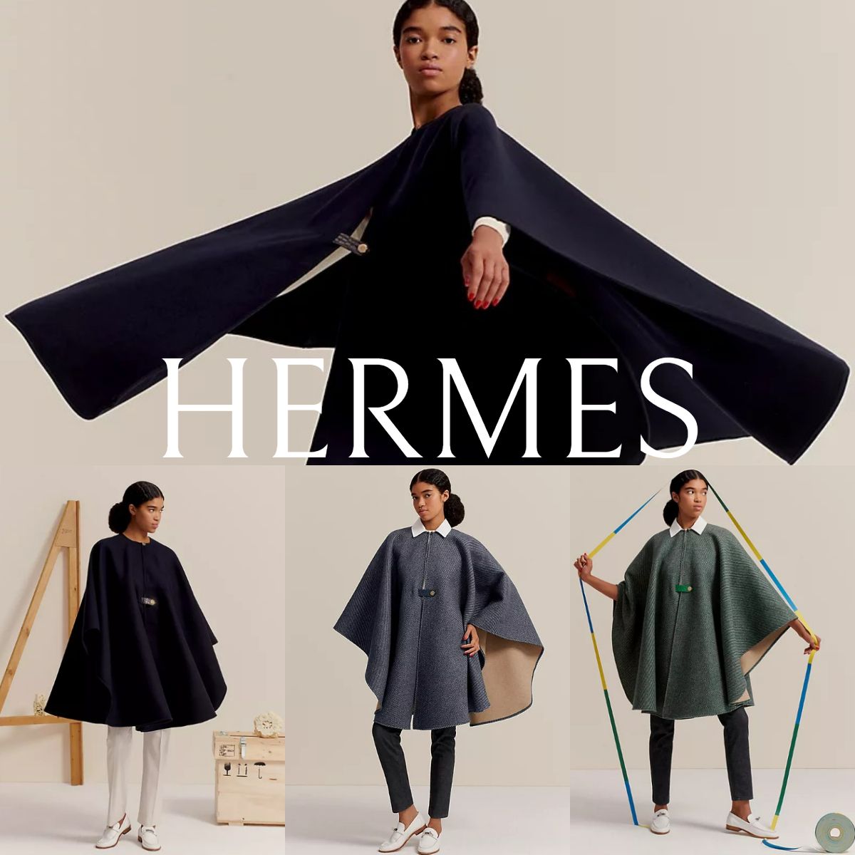 秋冬*HERMES*ウール&カシミヤ ポンチョ マントコート ワンサイズ
