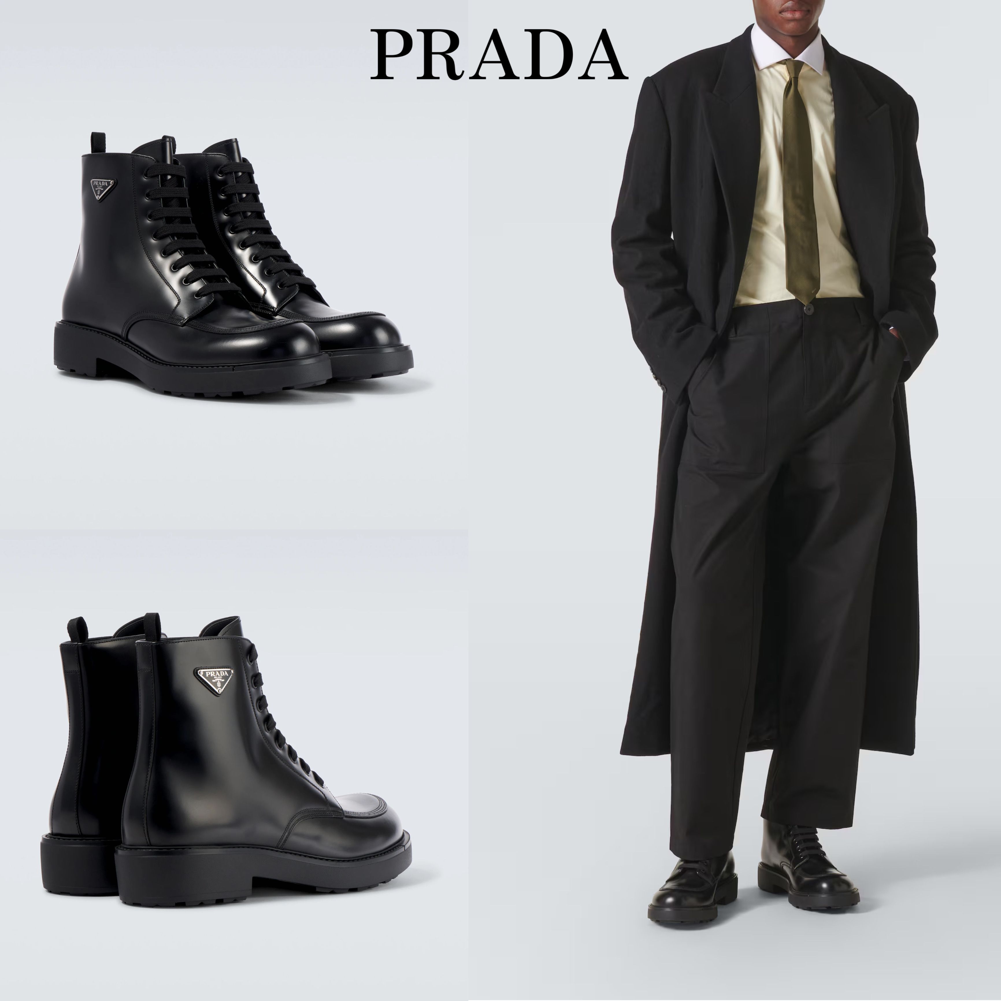 メンズ*PRADA*光沢レザーレースアップブーツ ぶ (PRADA/ブーツ