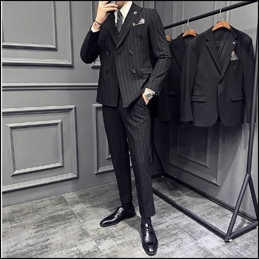 ストライプ スーツ 3点セット ベスト付き パーティー 結婚式 (スーツ