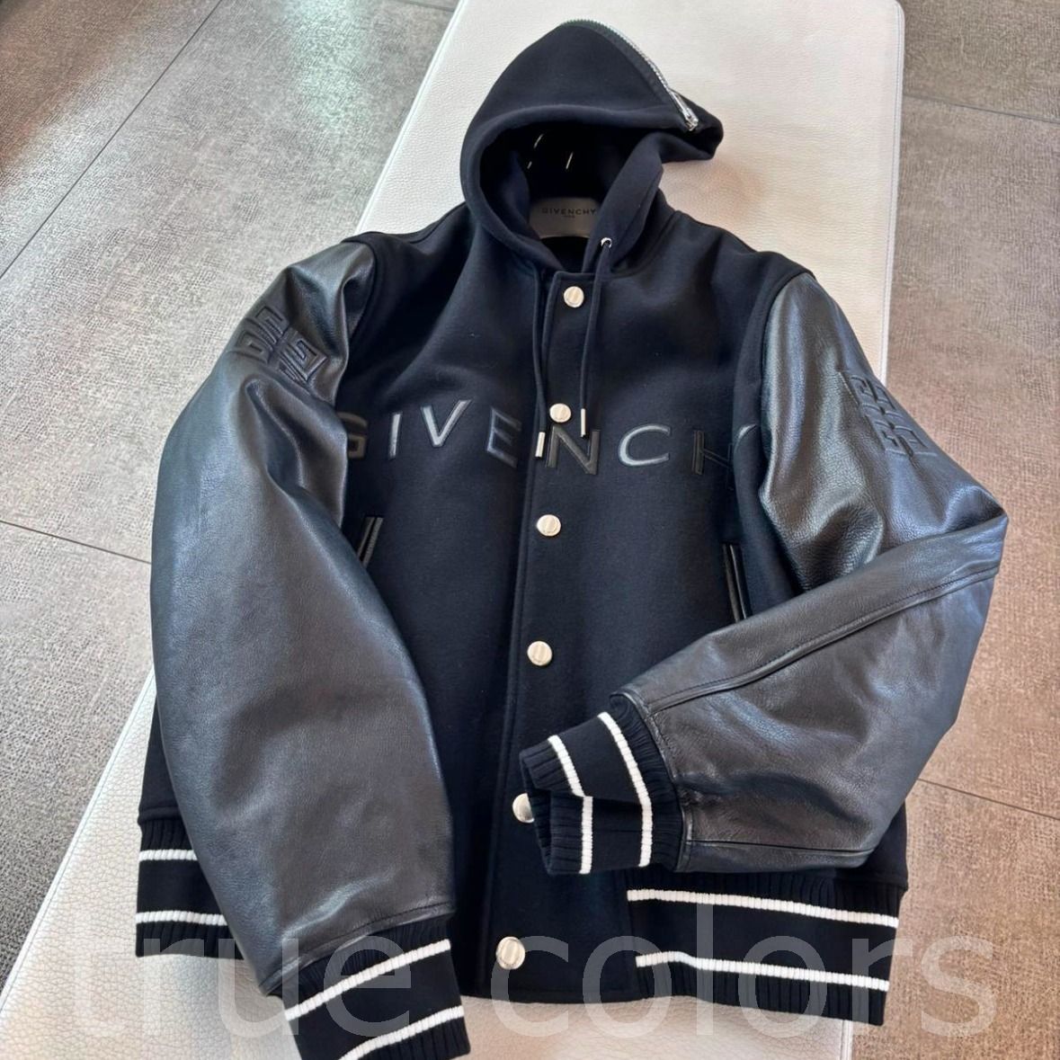 GIVENCHY ロゴ ウール混紡＆レザー バーシティ ジャケット*黒系