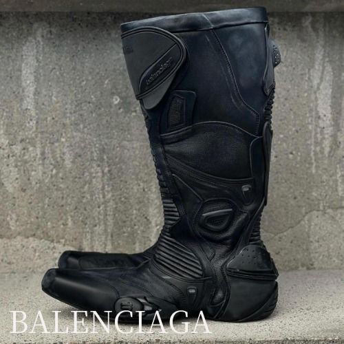 BALENCIAGA◇Biker バイカー ニーハイ レザー ブーツ ブラック