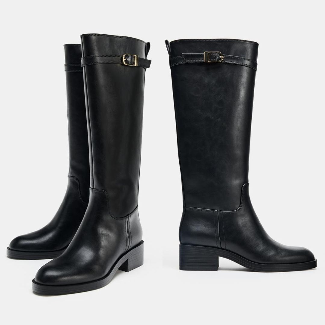 ZARA｜ロングブーツ ブラック 乗馬風デザイン バックル付き (ZARA