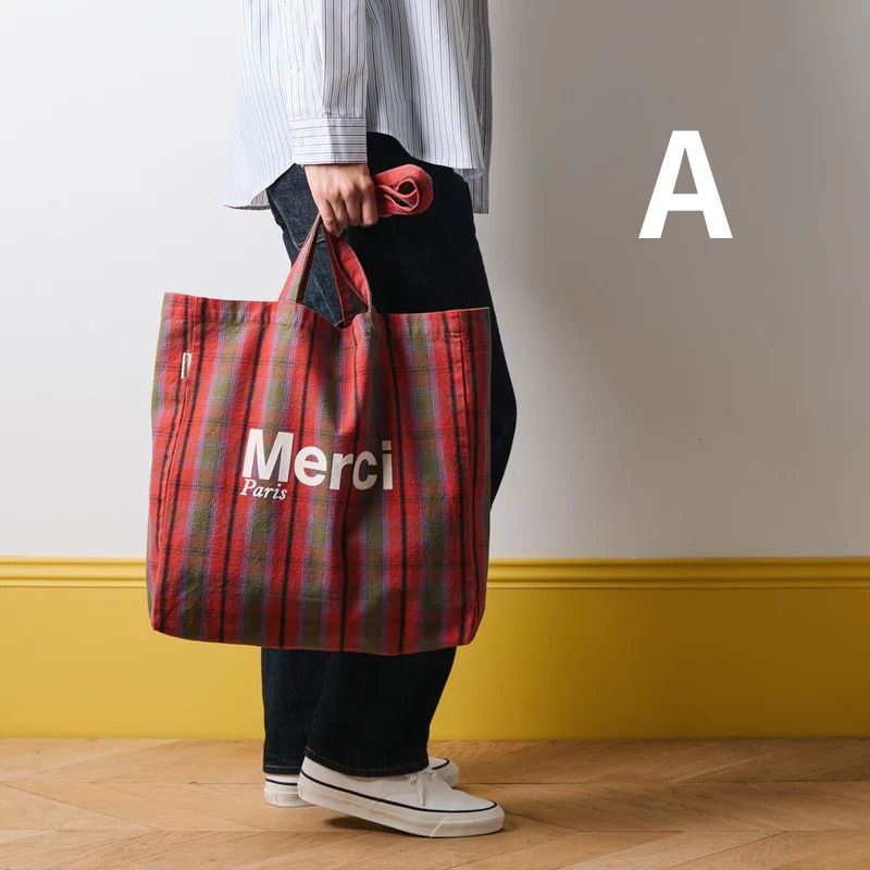 ☆世界的人気☆【メルシー】パリ限定ロゴトート L チェック (Merci