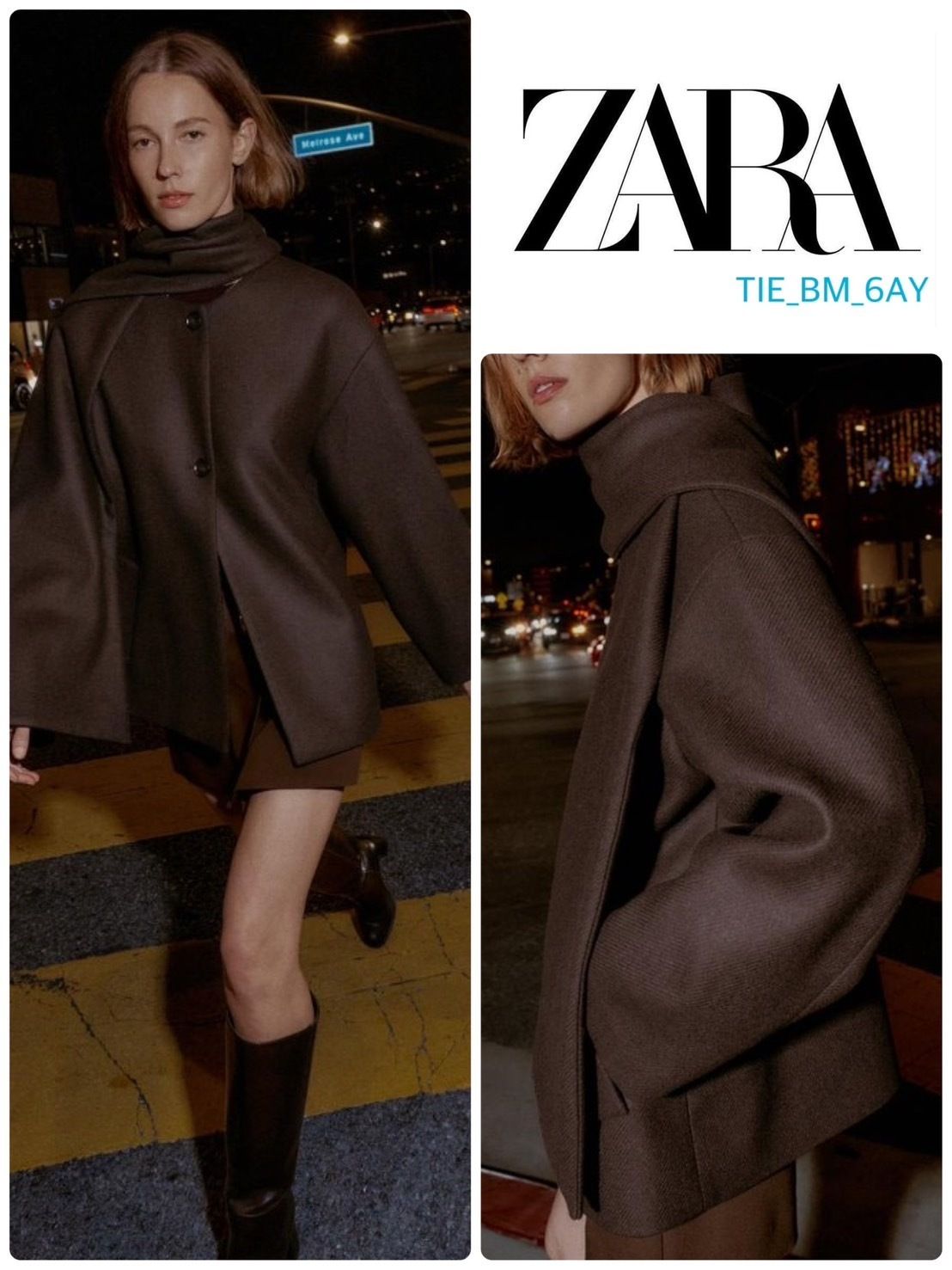 ZARA ウールのショートコートとスカーフ ブラウン スペイン発送 (ZARA