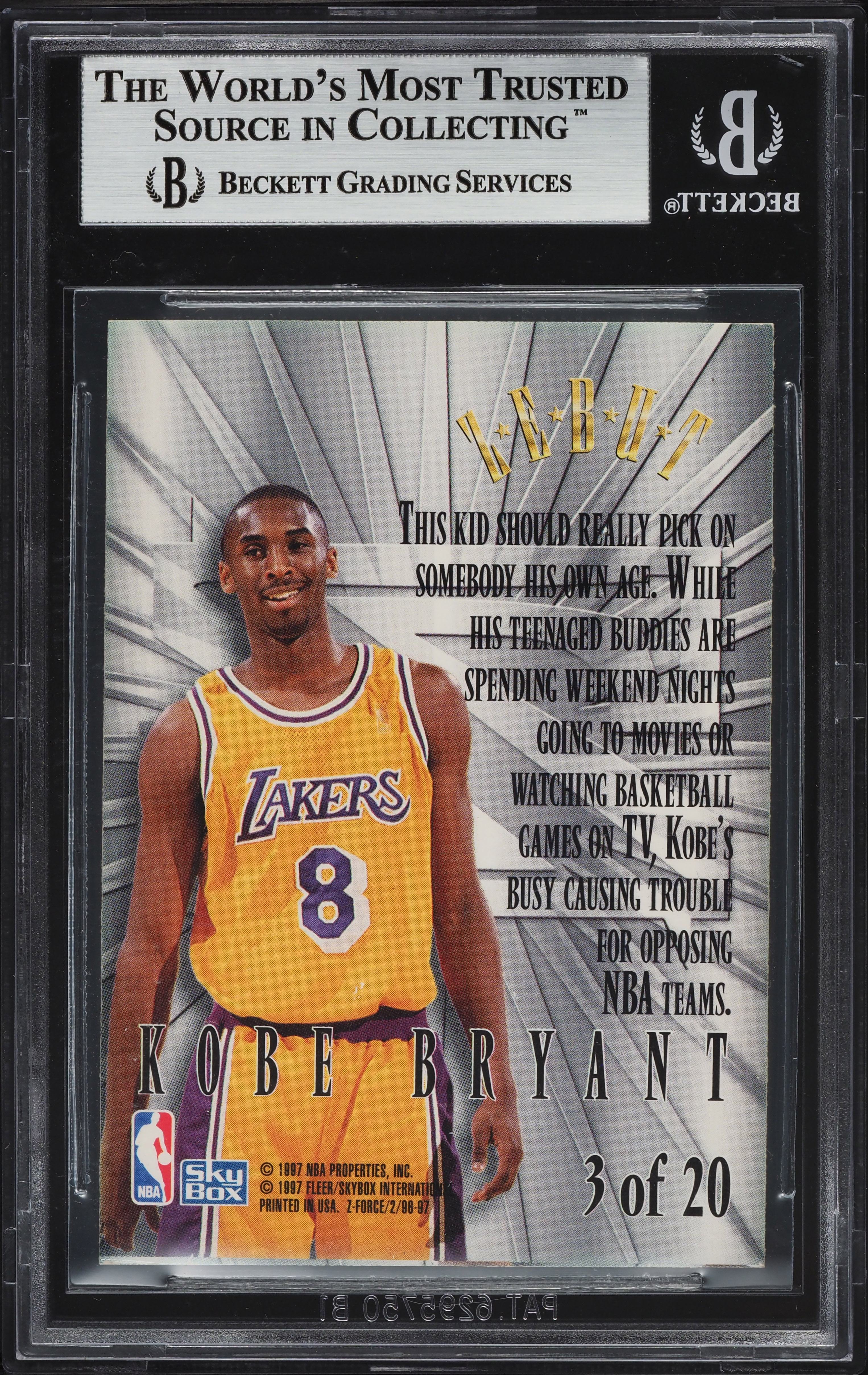 1996 Skybox Z-Force Z-Peat Zebut Kobe Bryant ROOKIE #3 BGS AUTH on