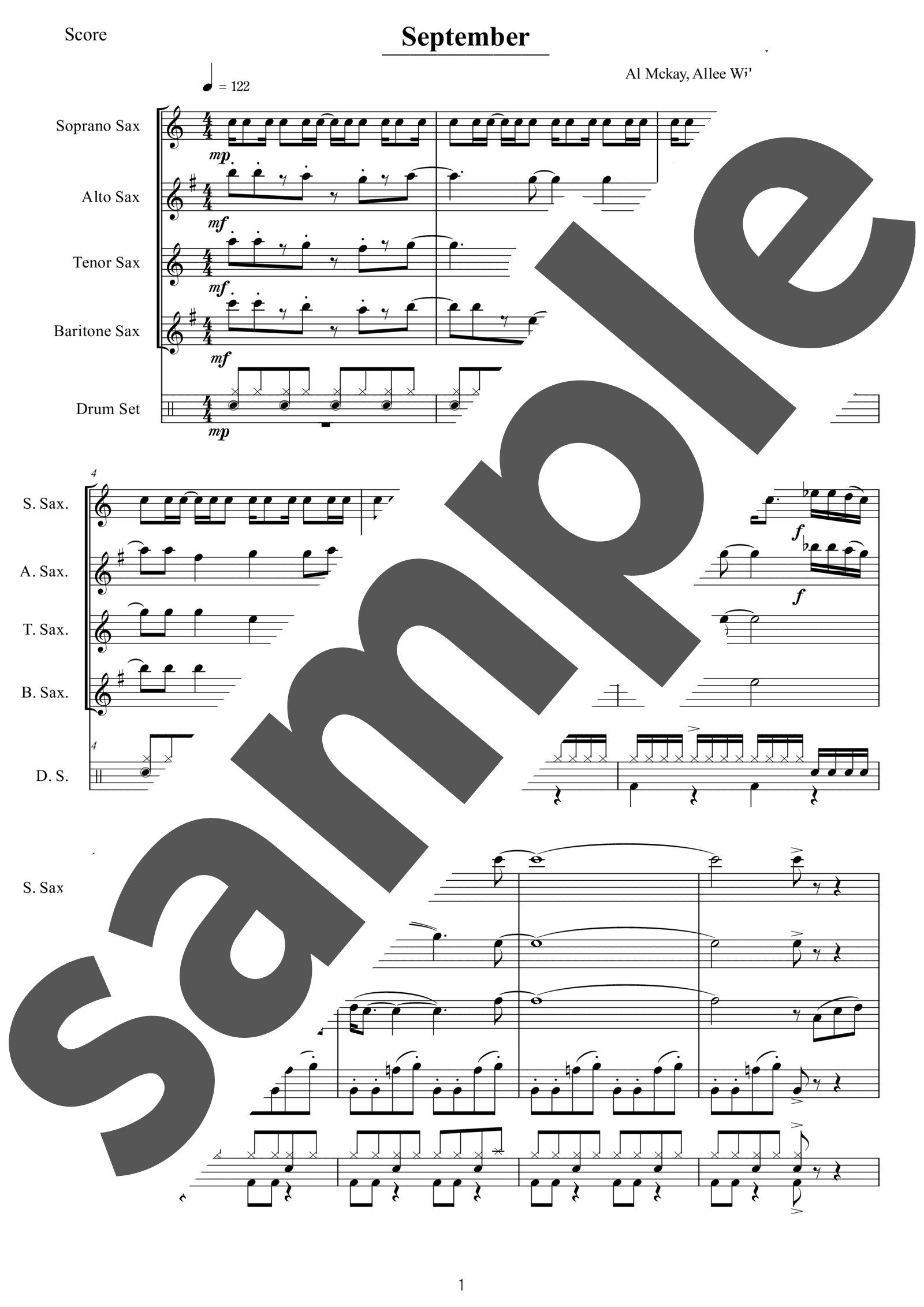 吹奏楽譜】September / Earth, Wind & Fire（木管4重奏&ドラム