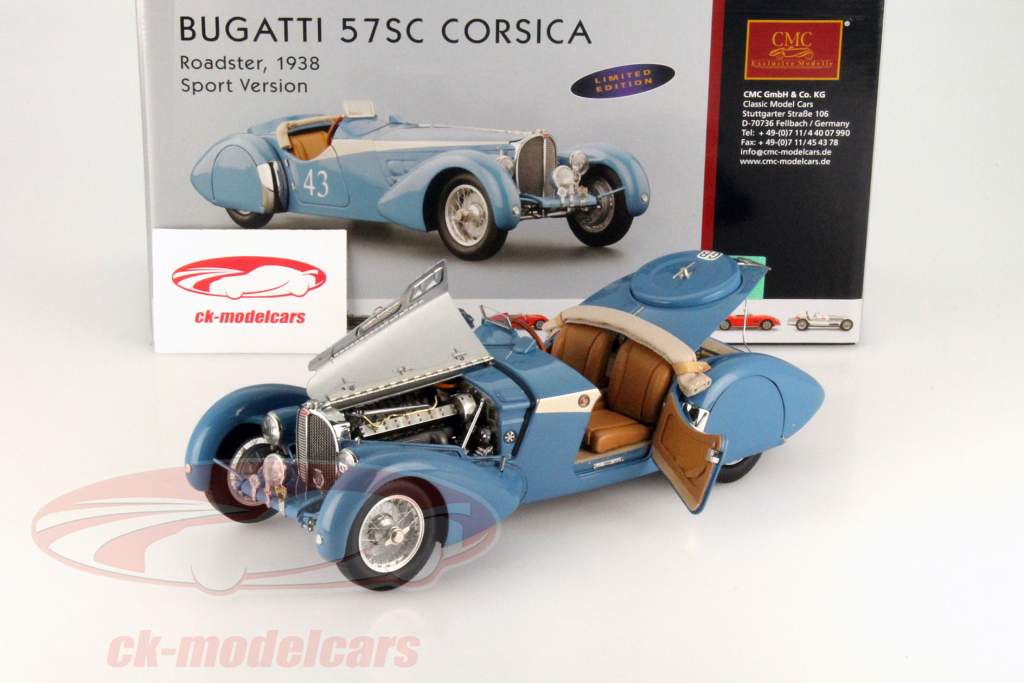 CMC 1:18 Bugatti 57 SC Corsica Roadster #43 built in 1938 blue M