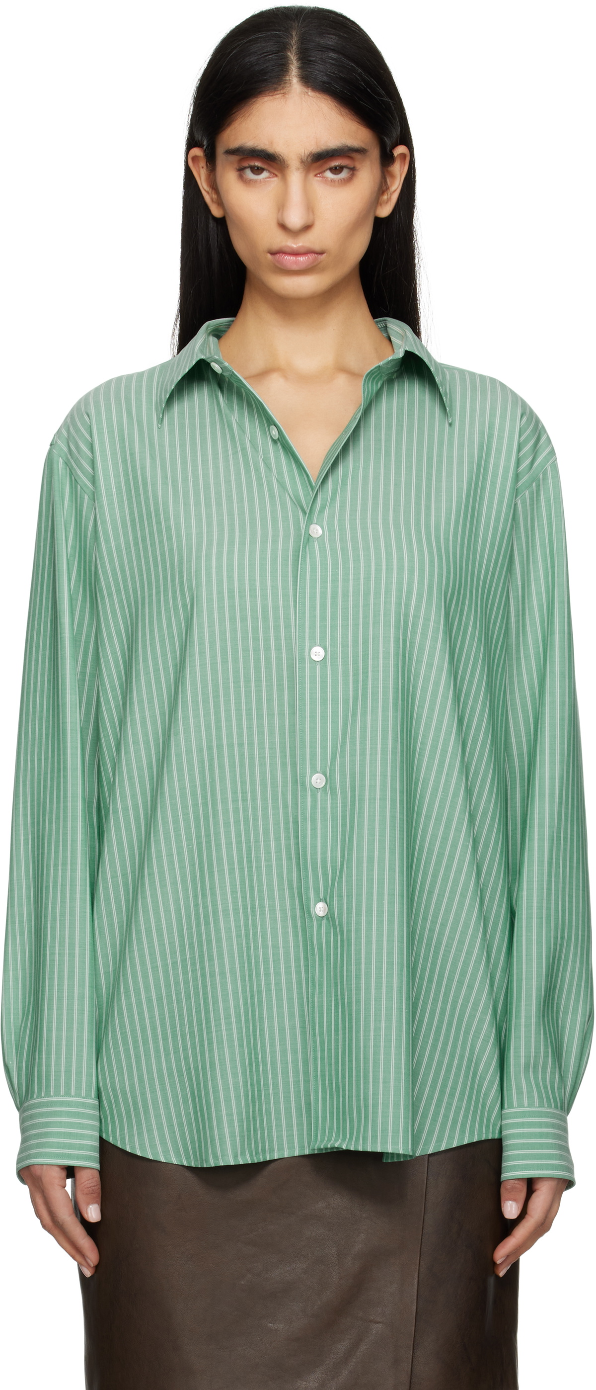 AURALEE Green Super Fine Wool Stripe Shirt Auralee