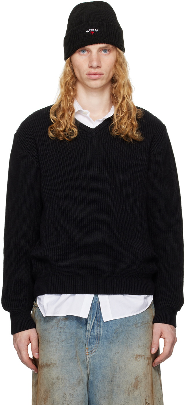 Noah Black V-Neck Shaker Stitch Sweater Noah NYC