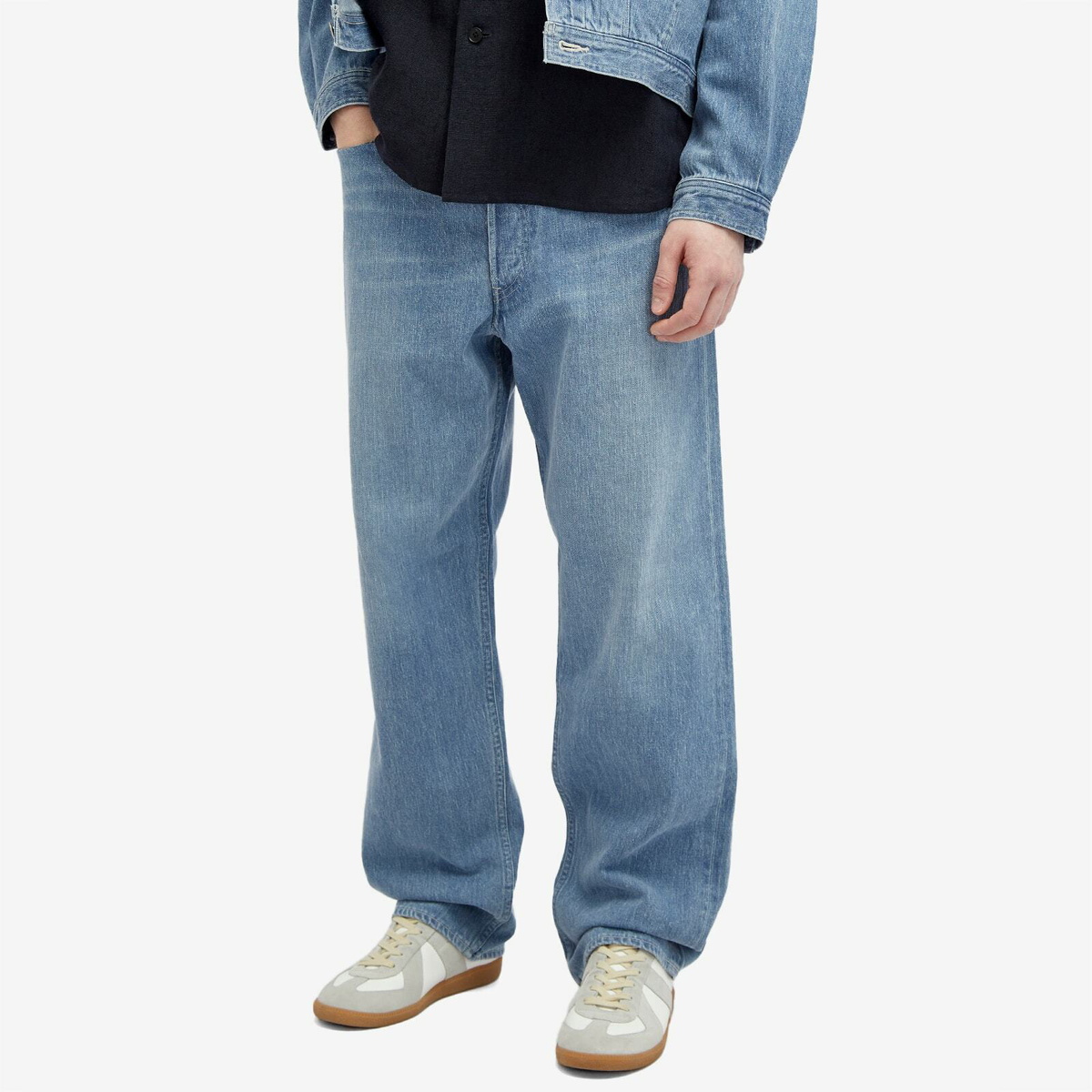 Auralee Men's Selvedge Faded Light Denim Wide Pants in Light