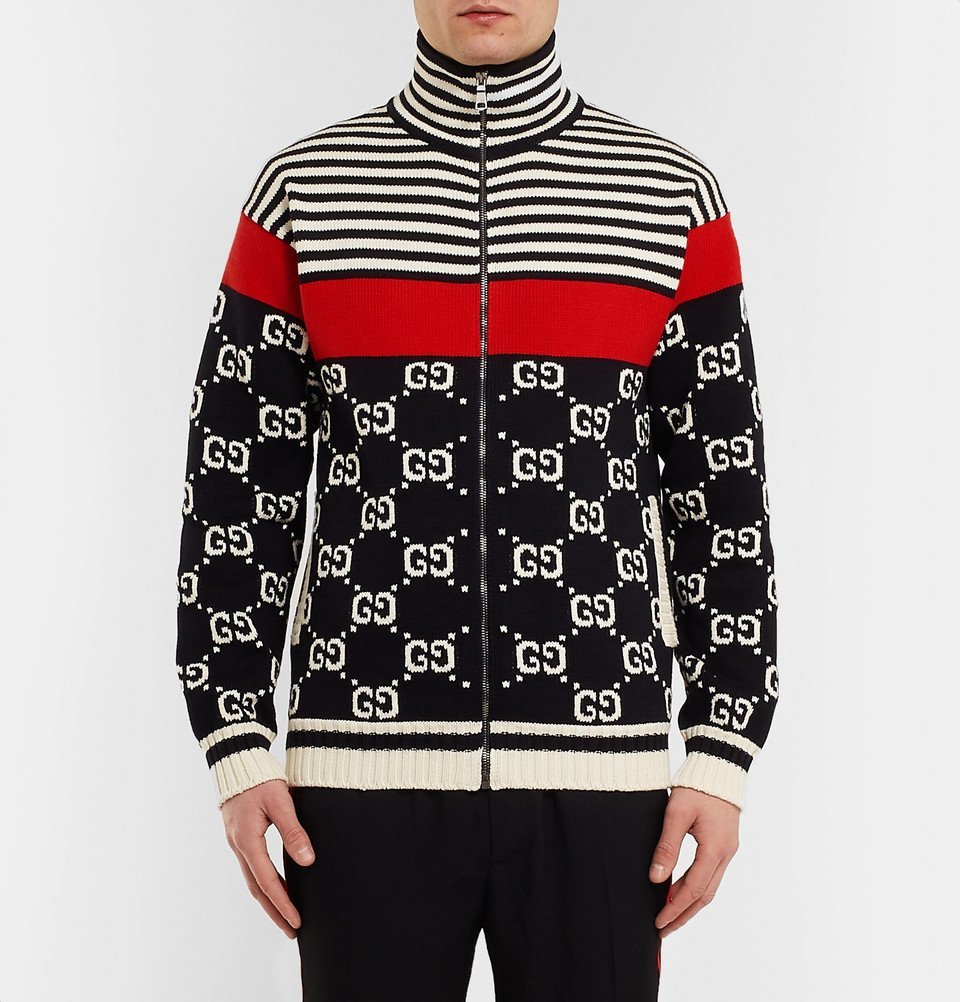 Gucci - Logo-Intarsia Striped Cotton Zip-Up Sweater - Men - Navy Gucci