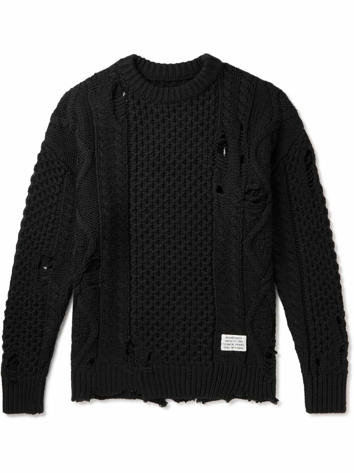 Neighborhood - Savage Distressed Cable-Knit Sweater - Black