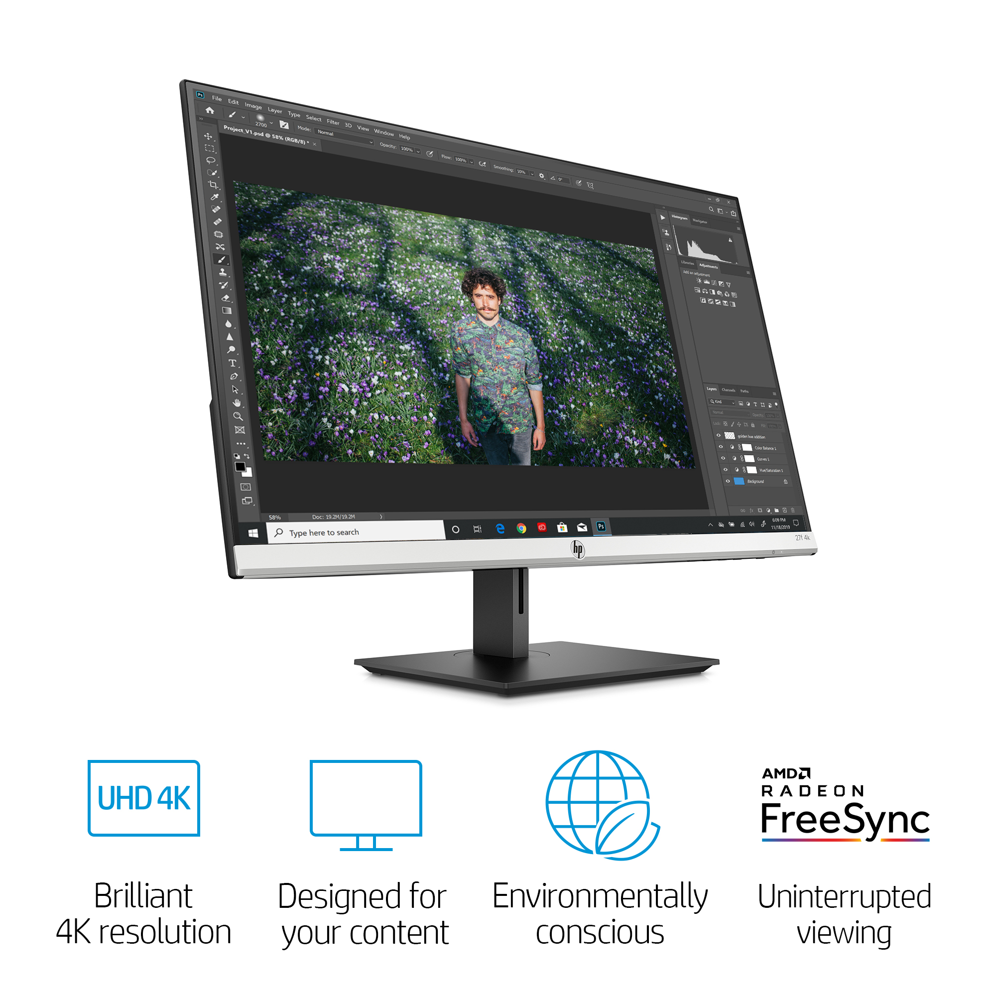 HP 27f 27-inch Monitor, 4K UHD (3840 x 2160), 40-60 Hz Screen