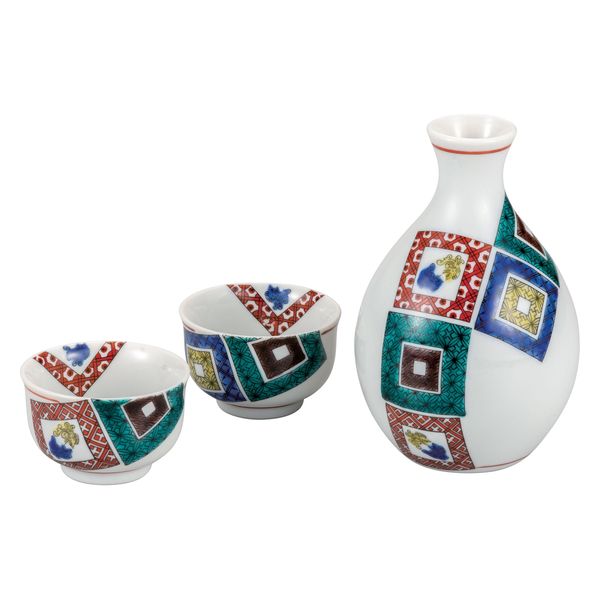 日本の伝統工芸品【九谷焼】 酒器揃 古九谷石畳文 大志窯 (K9-1246