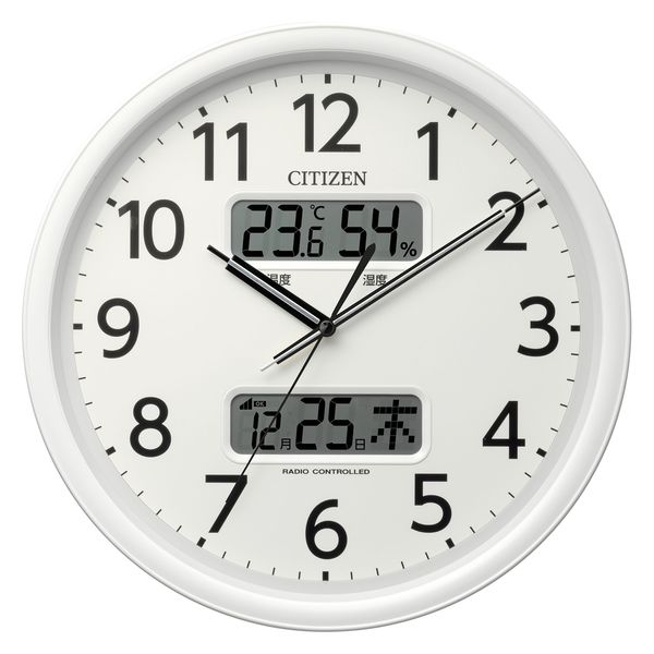 CITIZEN（シチズン）カレンダー・温度付湿度表示付 電波時計 白 直径