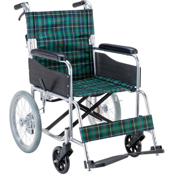 マキテック エコノミー車いすEW-30 緑チェック EW-30GN 介助用 背折れ