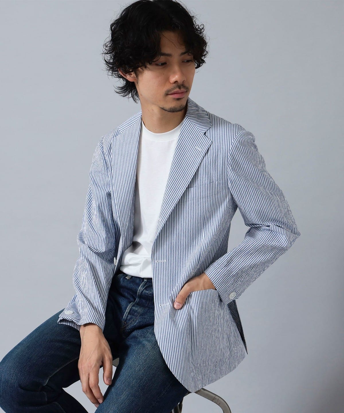 BEAMS F（ビームスF）NEW EASY SONDRIO シアサッカー ストライプ