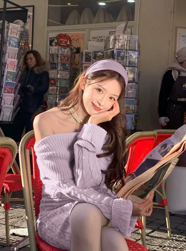 ケーブル編みオフショルダーニットミニワンピース[at2396