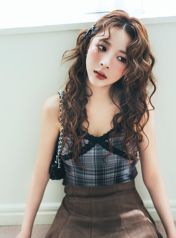 カップ付きレースチェック柄キャミソール[dk1516] | レディース