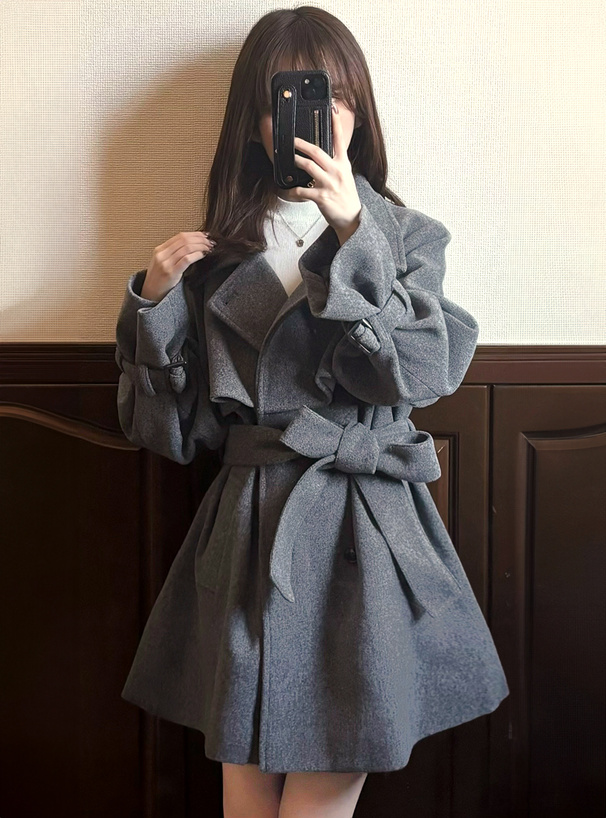 襟2Wayリボンベルト付きフェイクウールトレンチコート[kz568