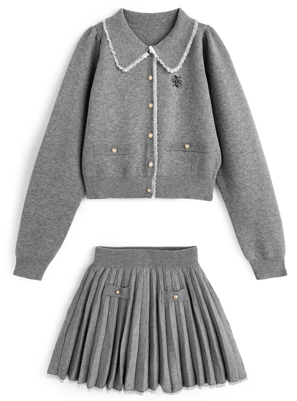 レースニットカーディガン×インパン裏地付きプリーツスカート