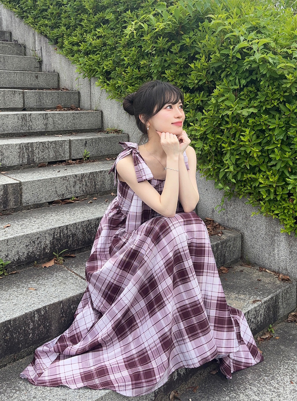 チェック柄ショルダーリボンフレアワンピース[ru1237] | レディース