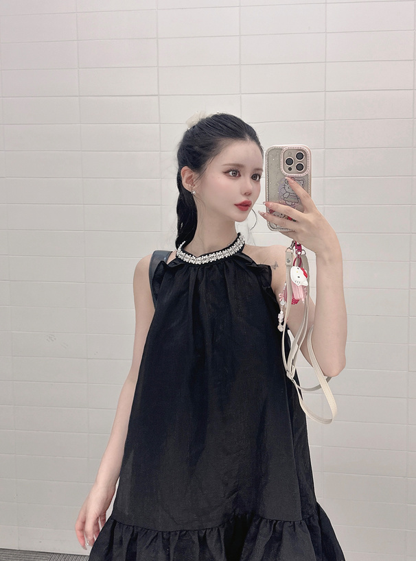 ネックビジューノースリーブティアードミニワンピース[ru1282