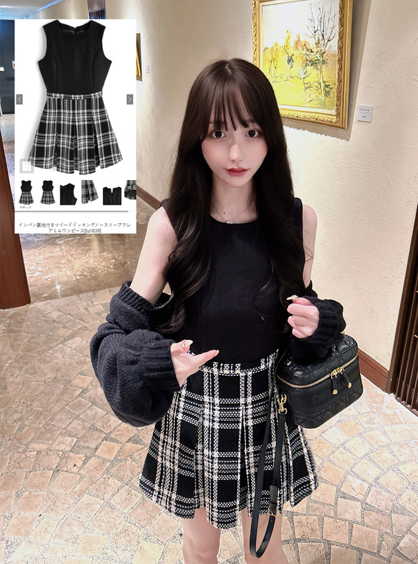 インパン裏地付きツイードドッキングノースリーブフレアミニワンピース