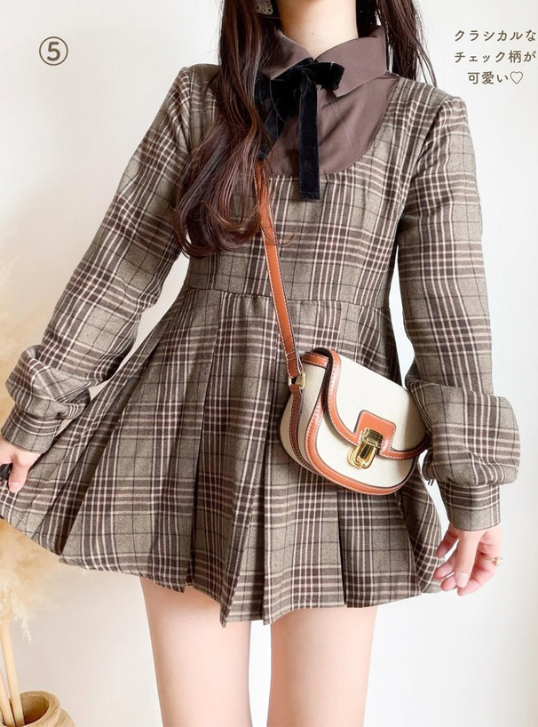 リボン付きシャツドッキングチェック柄プリーツミニワンピース[tu1890