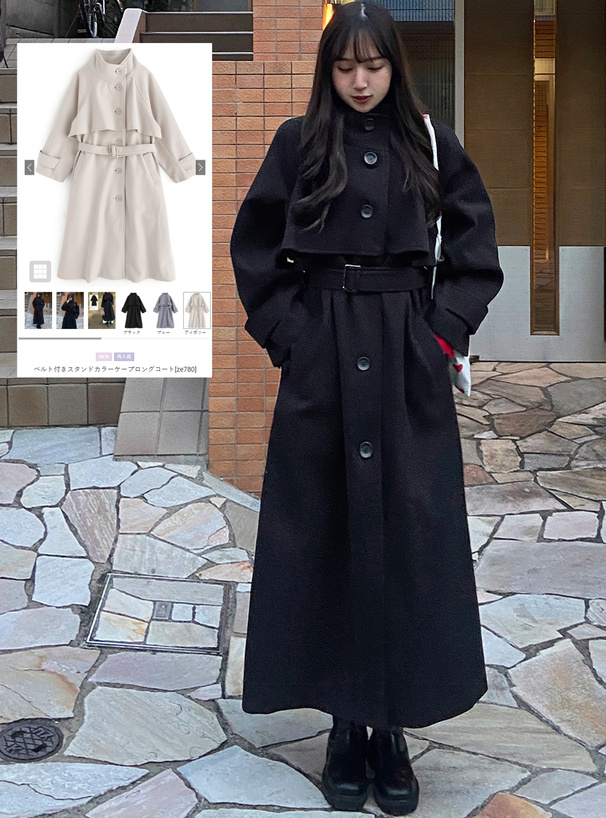 ベルト付きスタンドカラーケープロングコート[ze780] | レディース