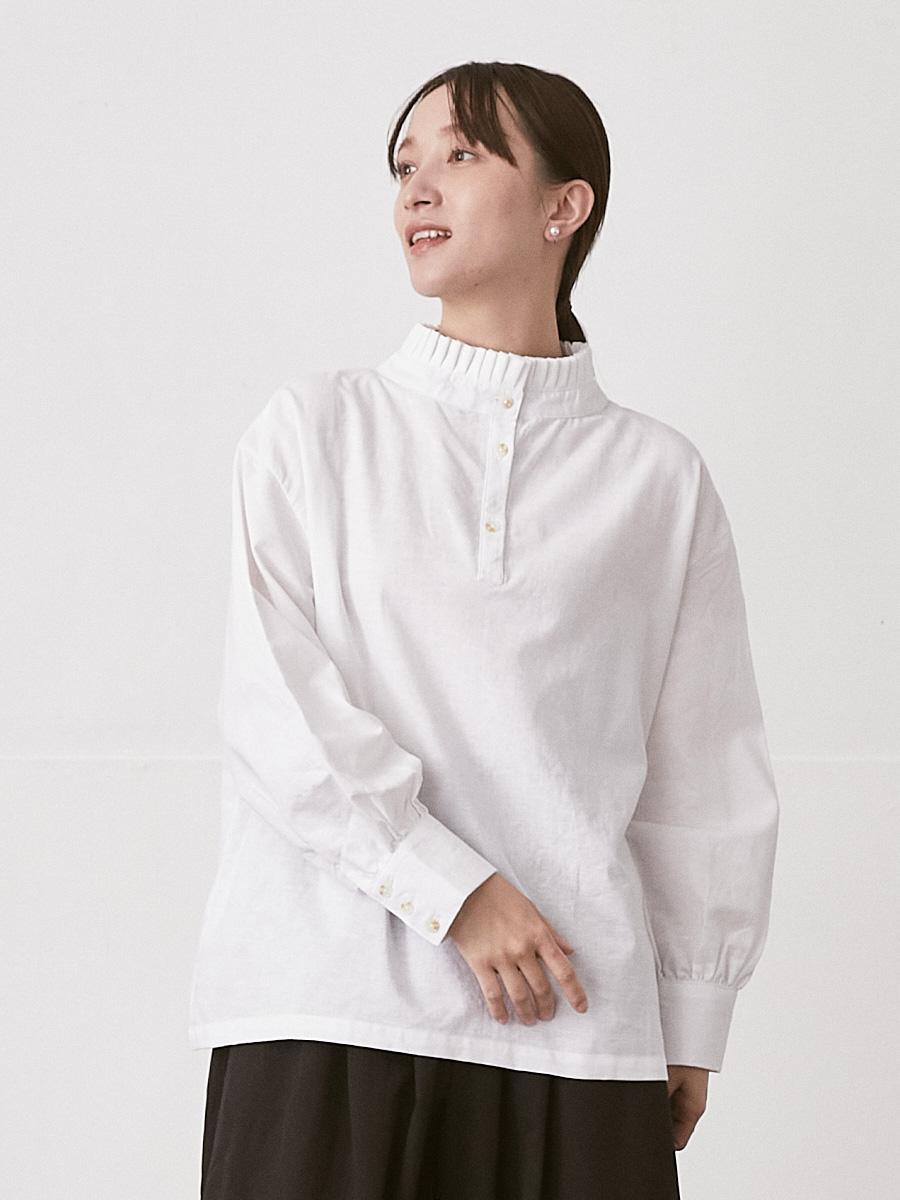 フリルスタンドカラーブラウス 綿麻オックス | シャツBLナガソデ