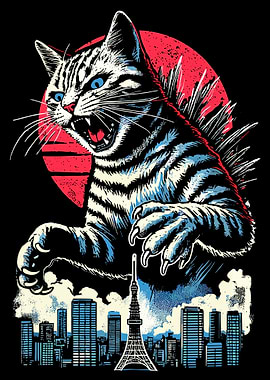 Catzilla Cat Japanese Art Funny Cat Gift' Poster, picture, metal