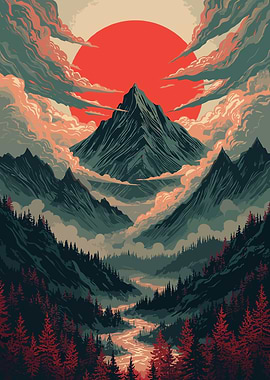 Pixel Art Mountain Scenery with a Red Sun' Poster, picture, metal