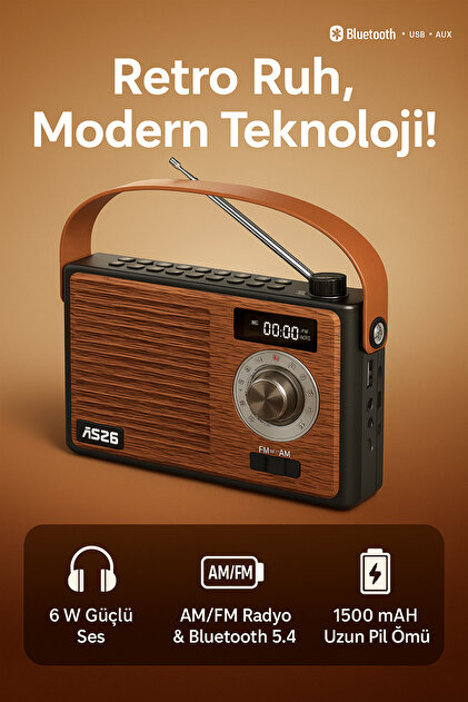 Coverzone Retro Bluetooth Hoparlör - 6W Güçlü Ses, AM/FM Radyo