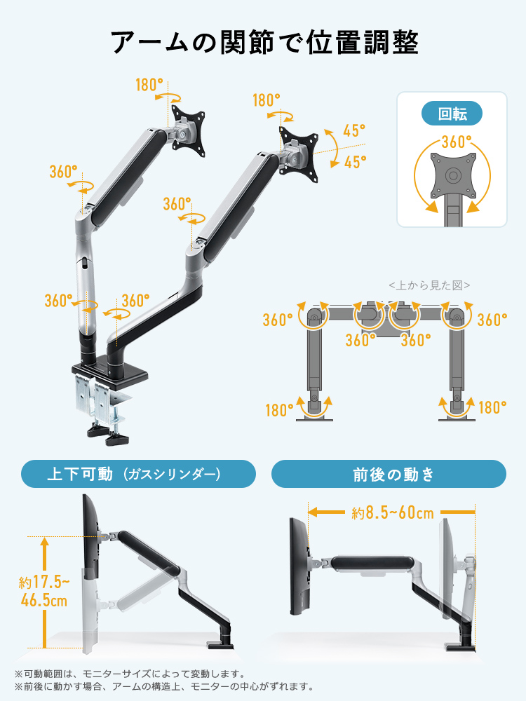 デュアルモニターアーム｜43インチ・クランプ・上下/左右/前後/回転